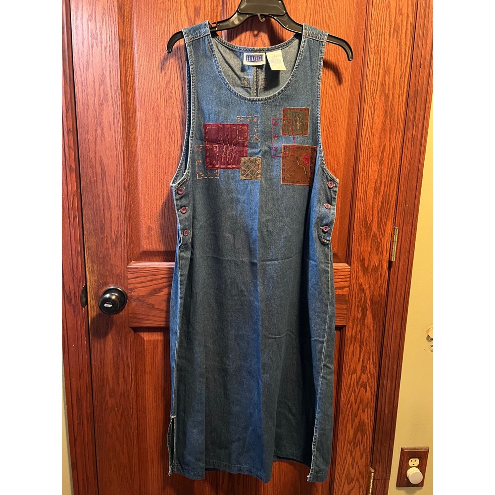 Erika & Co Women's VTG Denim Jumper Dress Patchwork Fall  Floral Embroidery Blue